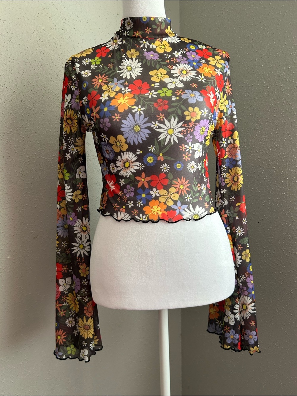 Floral Mock Neck Long-Sleeve Mesh Top — Black Multi